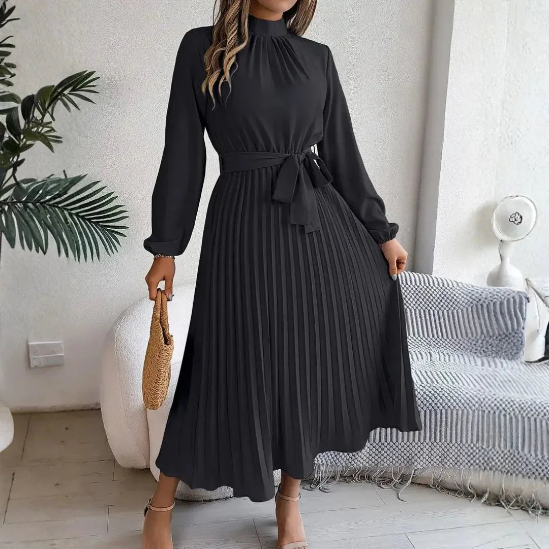 Women's Long Sleeve Pleated Belted Midi Dress Flowy High Neck Elegant Wedding Guest Summer Dress - Seldom Seen Styles