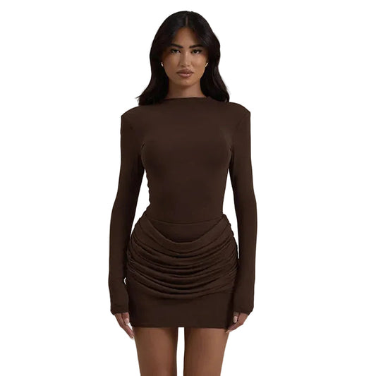 Women’s Long Sleeve Ruched Mini Dress with Straight Neckline - Seldom Seen Styles