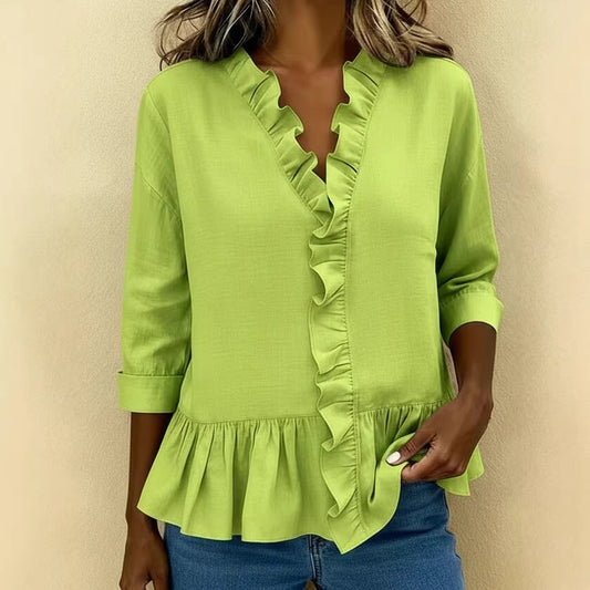 Women's Long Sleeve Ruffle Shirt Solid Color Casual Elegant Blouse Spring Summer Outfit - Seldom Seen Styles