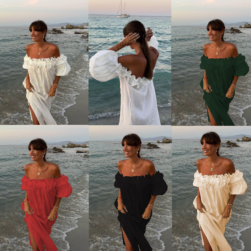 Women's Loose Cotton Linen Midi Dress - Off Shoulder Puff Sleeve Beach Vacation Dress - Seldom Seen Styles