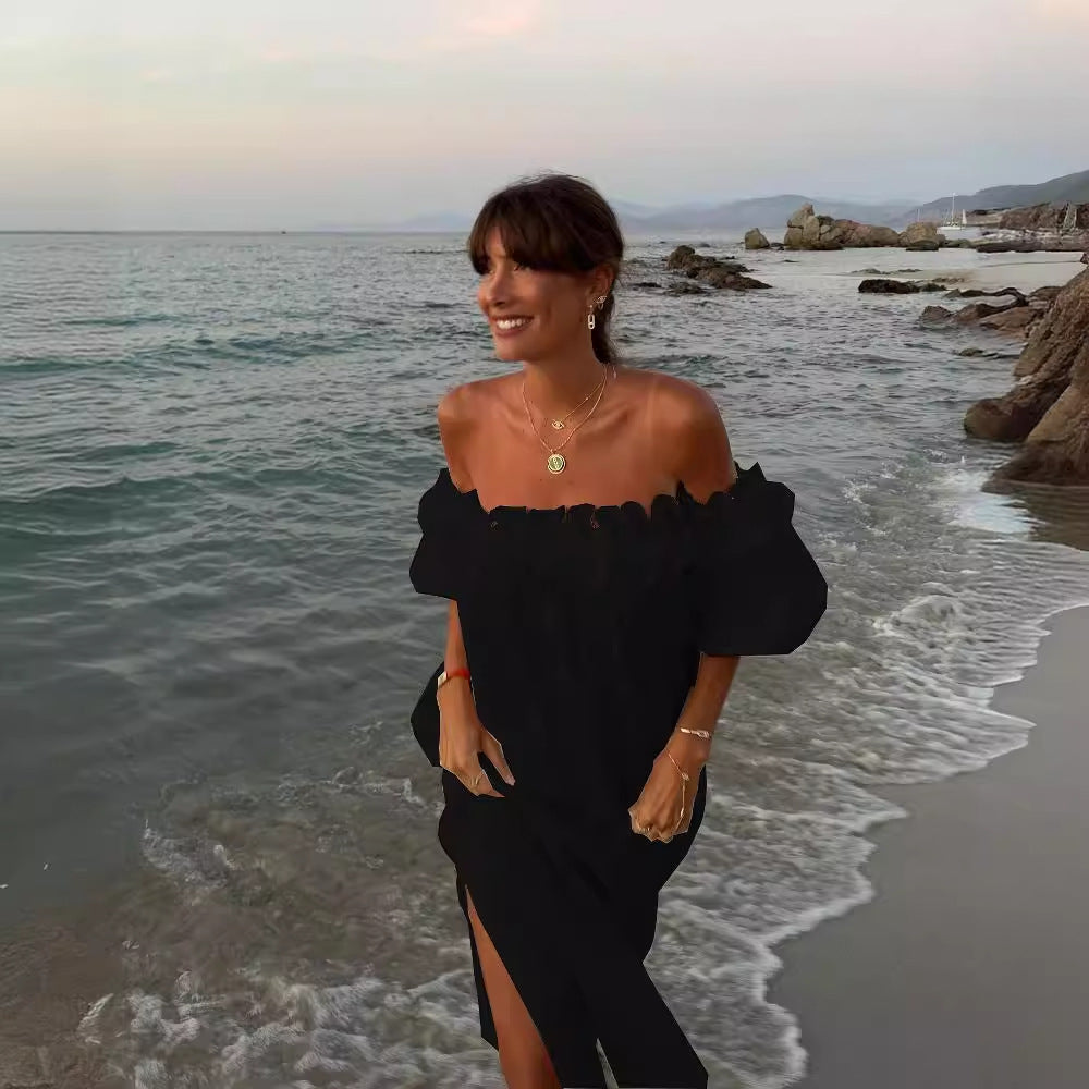 Women's Loose Cotton Linen Midi Dress - Off Shoulder Puff Sleeve Beach Vacation Dress - Seldom Seen Styles