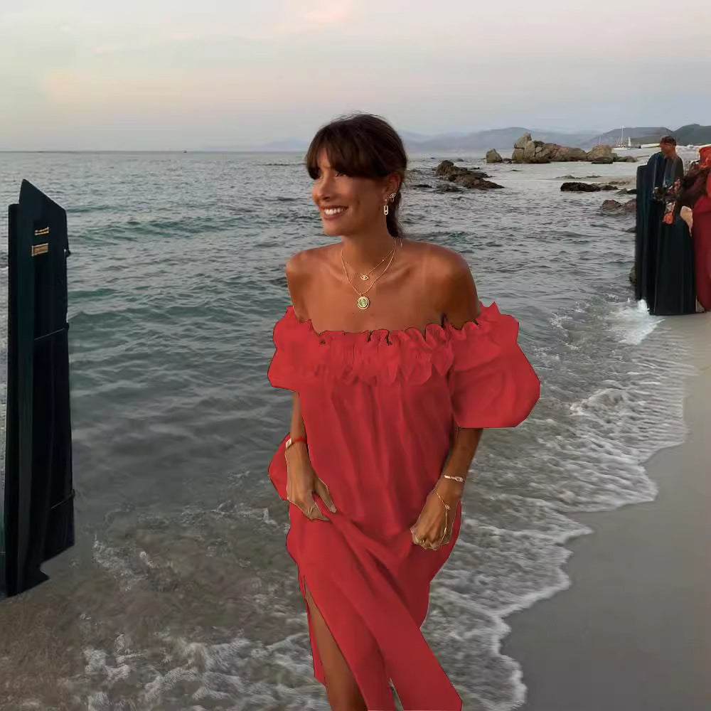 Women's Loose Cotton Linen Midi Dress - Off Shoulder Puff Sleeve Beach Vacation Dress - Seldom Seen Styles