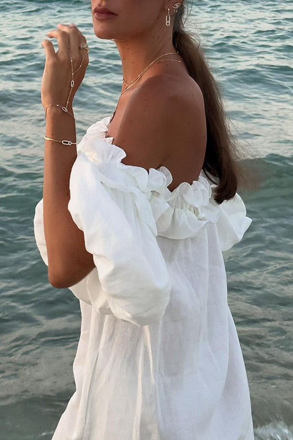 Women's Loose Cotton Linen Midi Dress - Off Shoulder Puff Sleeve Beach Vacation Dress - Seldom Seen Styles
