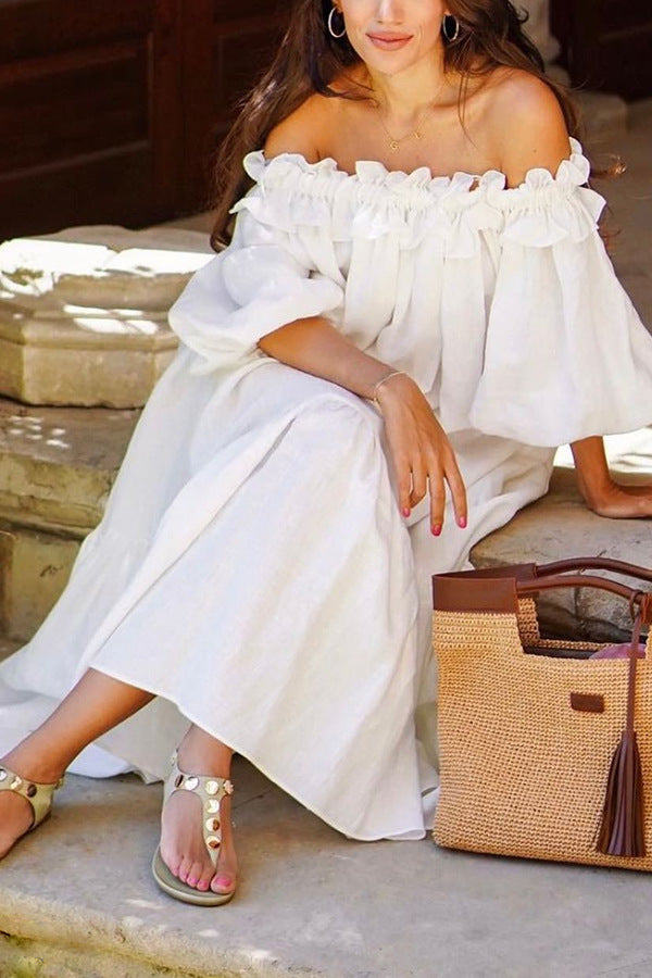 Women's Loose Cotton Linen Midi Dress - Off Shoulder Puff Sleeve Beach Vacation Dress - Seldom Seen Styles