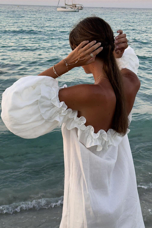 Women's Loose Cotton Linen Midi Dress - Off Shoulder Puff Sleeve Beach Vacation Dress - Seldom Seen Styles