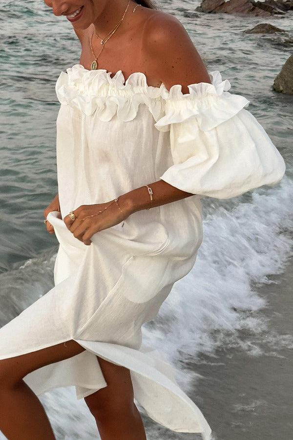 Women's Loose Cotton Linen Midi Dress - Off Shoulder Puff Sleeve Beach Vacation Dress - Seldom Seen Styles