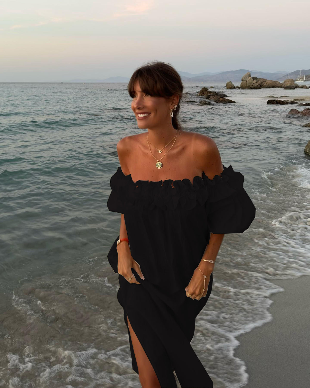 Women's Loose Cotton Linen Midi Dress - Off Shoulder Puff Sleeve Beach Vacation Dress - Seldom Seen Styles