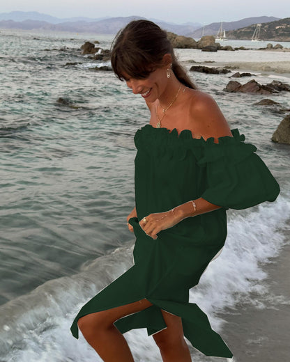 Women's Loose Cotton Linen Midi Dress - Off Shoulder Puff Sleeve Beach Vacation Dress
