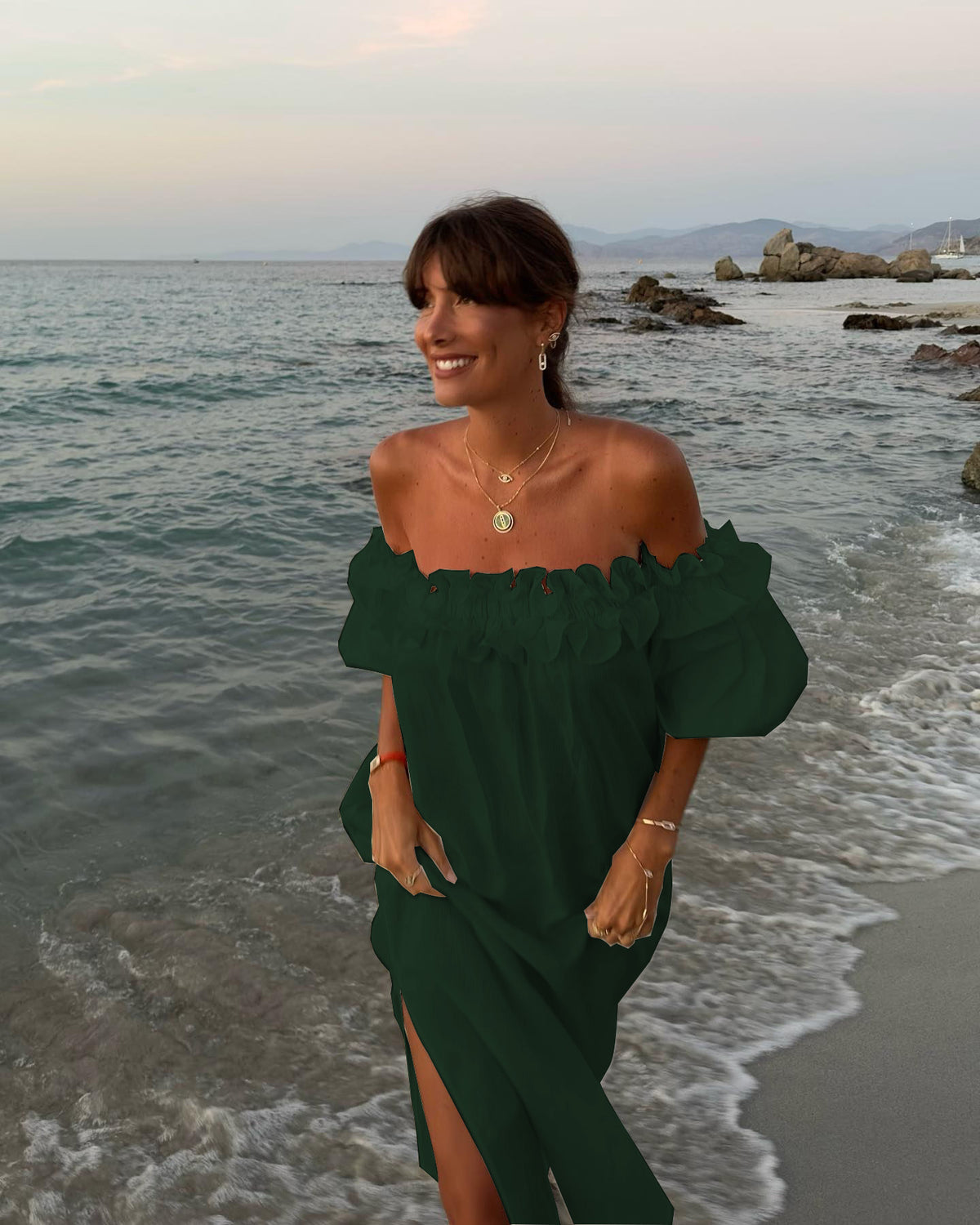 Women's Loose Cotton Linen Midi Dress - Off Shoulder Puff Sleeve Beach Vacation Dress - Seldom Seen Styles