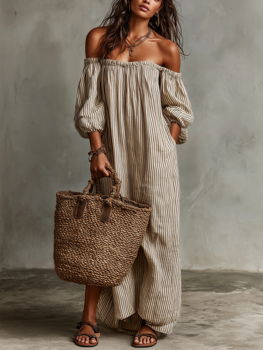 Women's Loose Cotton-Linen Off-Shoulder Long Sleeve Maxi Dress - Seldom Seen Styles