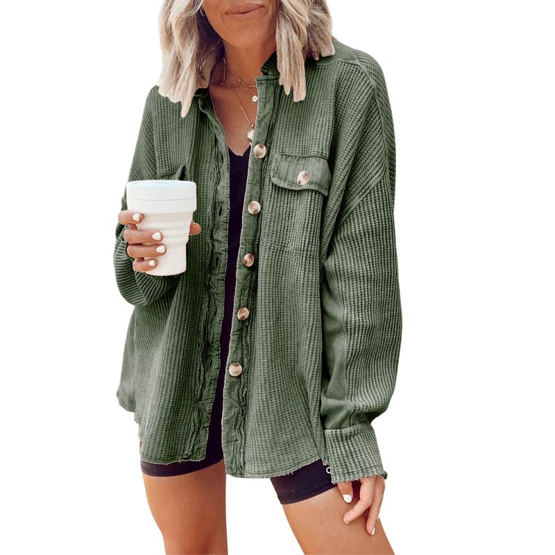 Women's Loose Fit Batwing Sleeve Waffle Knit Button Down Shirt Shacket Tops - Seldom Seen Styles
