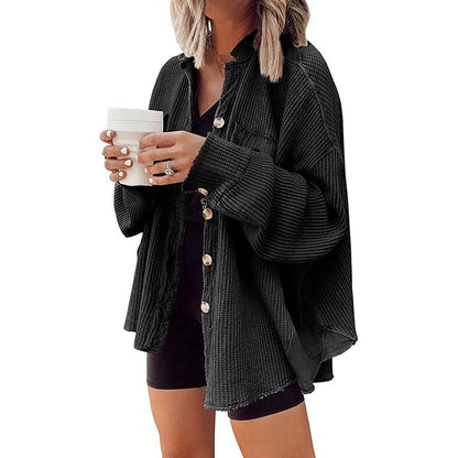 Damen Oversize-Fledermausärmel Waffelstrick Button-Down Hemd Shacket Oberteile