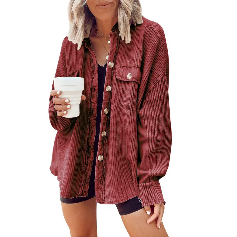 Women's Loose Fit Batwing Sleeve Waffle Knit Button Down Shirt Shacket Tops - Seldom Seen Styles