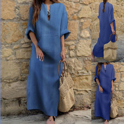 Women's Loose Fit Denim Maxi Dress V Neck Casual Pocket Dress