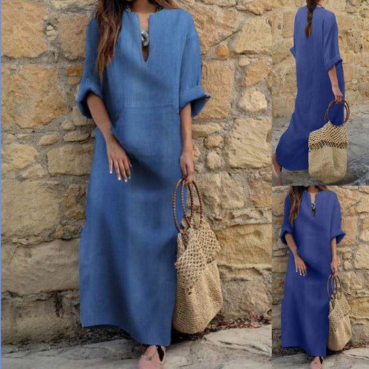 Women's Loose Fit Denim Maxi Dress V Neck Casual Pocket Dress - Seldom Seen Styles
