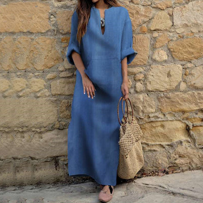 Women's Loose Fit Denim Maxi Dress V Neck Casual Pocket Dress