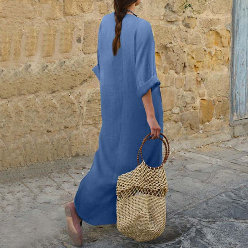 Women's Loose Fit Denim Maxi Dress V Neck Casual Pocket Dress - Seldom Seen Styles