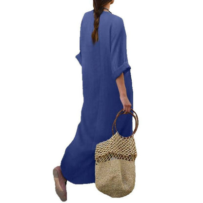 Women's Loose Fit Denim Maxi Dress V Neck Casual Pocket Dress