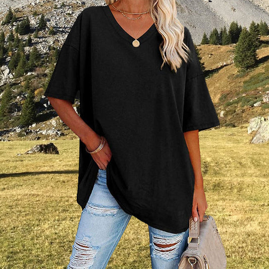 Women's Loose Fit V-Neck T-Shirt Short Sleeve Casual Summer Tops Solid Color Lightweight Breathable Cotton Blend Tee Shirt for Women - Seldom Seen Styles