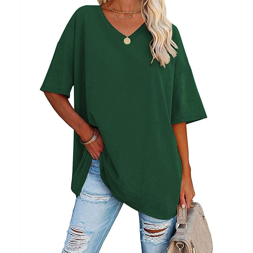 Women's Loose Fit V-Neck T-Shirt Short Sleeve Casual Summer Tops Solid Color Lightweight Breathable Cotton Blend Tee Shirt for Women - Seldom Seen Styles