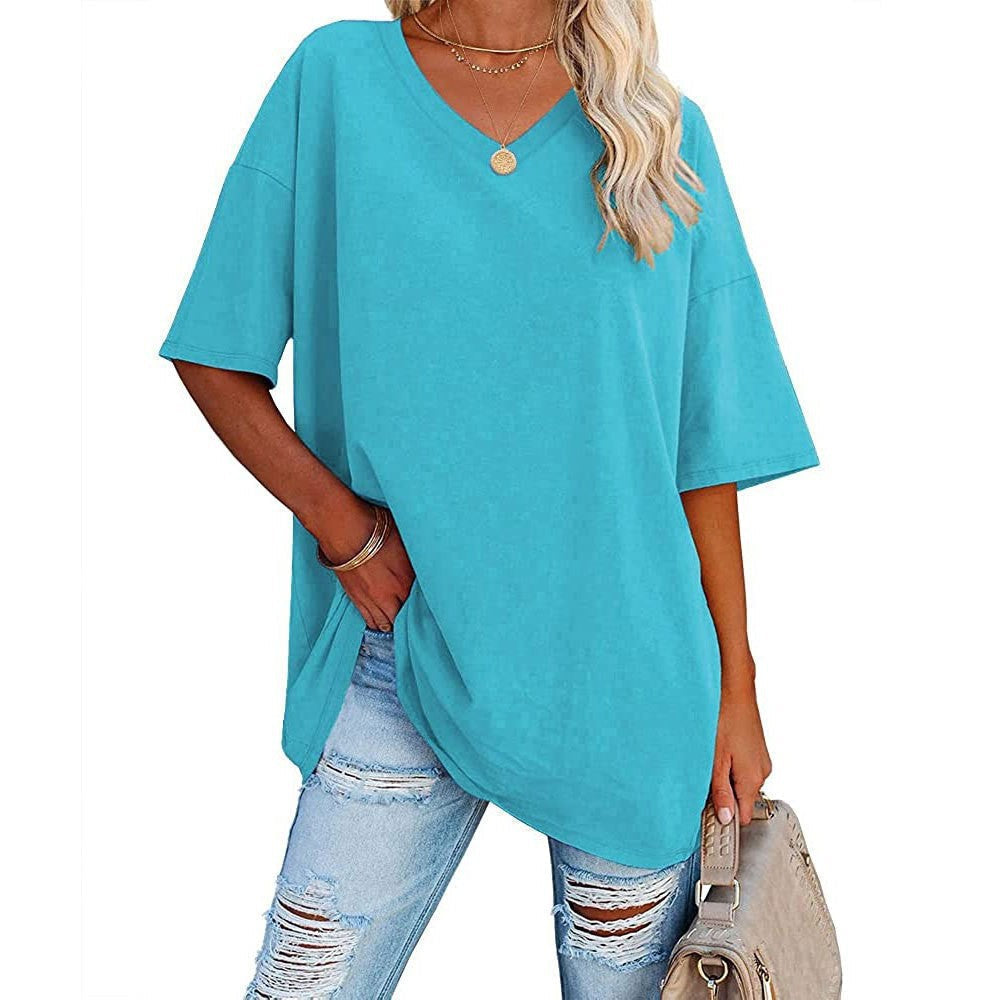 Women's Loose Fit V-Neck T-Shirt Short Sleeve Casual Summer Tops Solid Color Lightweight Breathable Cotton Blend Tee Shirt for Women - Seldom Seen Styles