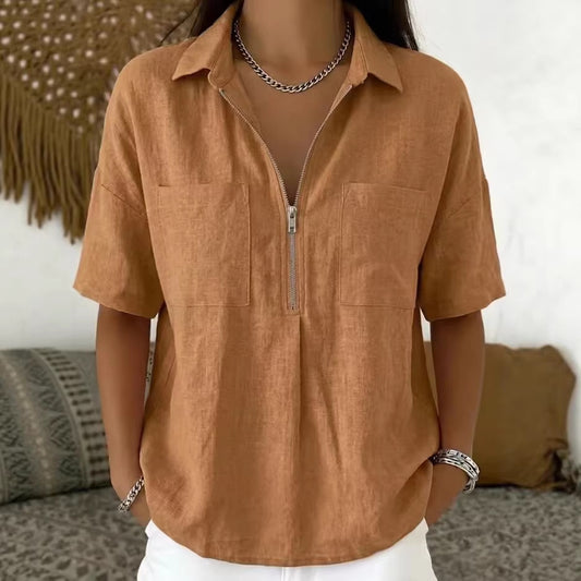 Women's Loose Lapel Short Sleeve Shirt V-Neck Zipper Casual Top Summer Vacation Outfit - Seldom Seen Styles