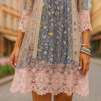 Robe d'été décontractée à manches courtes pour femme, coupe ample, motif floral rétro, patchwork rose et bleu, boutonnière, col en V, mini-robe