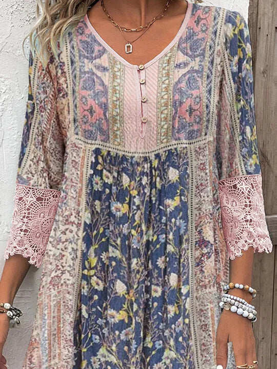 Women's Loose Shift Retro Floral Print Pink Blue Patchwork Button V-Neck Mini Dress Summer Casual Short Sleeve Dress - Seldom Seen Styles