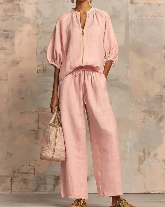 Women’s Lounge Set, Zip Top & Wide Leg Pants 2-Piece Casual Outfit - Seldom Seen Styles