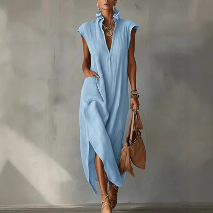 Women's Maxi Dress V Neck Loose Fit Sleeveless Ruffle Casual Summer Beach Dress