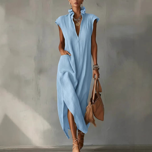 Women's Maxi Dress V Neck Loose Fit Sleeveless Ruffle Casual Summer Beach Dress - Seldom Seen Styles