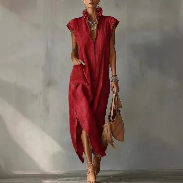 Women's Maxi Dress V Neck Loose Fit Sleeveless Ruffle Casual Summer Beach Dress - Seldom Seen Styles
