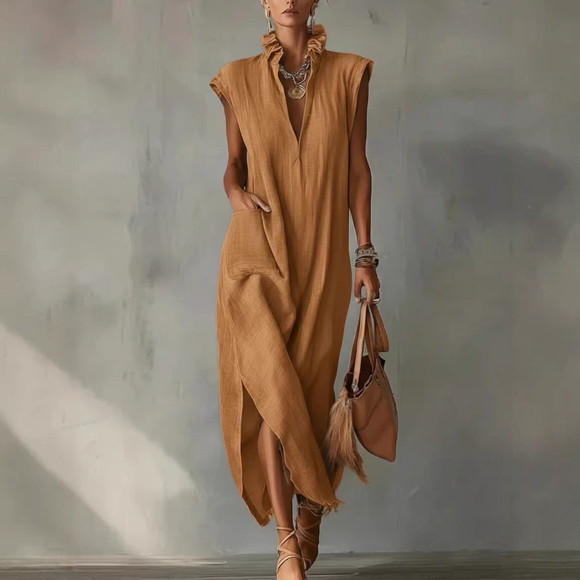 Women's Maxi Dress V Neck Loose Fit Sleeveless Ruffle Casual Summer Beach Dress - Seldom Seen Styles