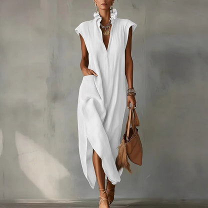 Women's Maxi Dress V Neck Loose Fit Sleeveless Ruffle Casual Summer Beach Dress