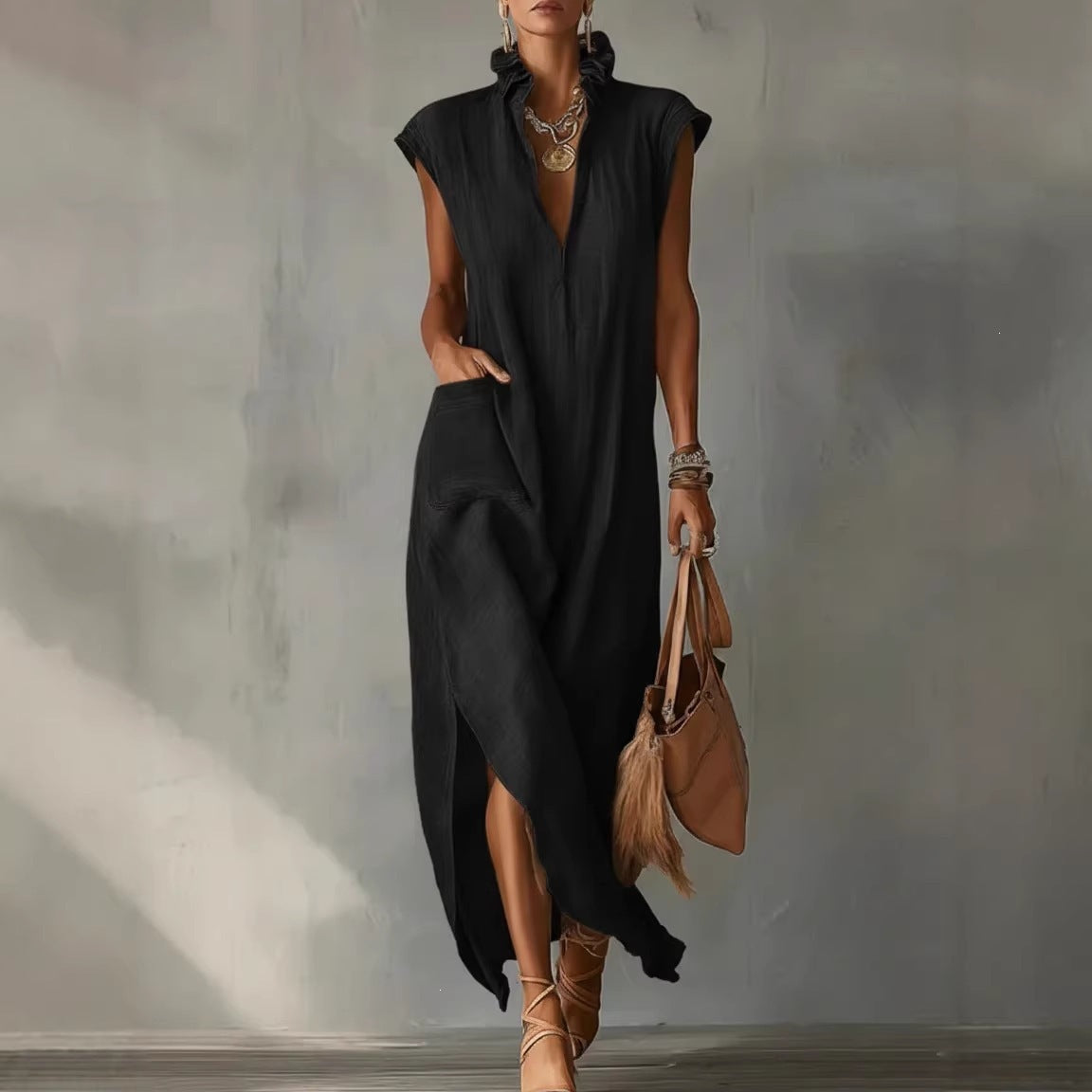 Women's Maxi Dress V Neck Loose Fit Sleeveless Ruffle Casual Summer Beach Dress - Seldom Seen Styles