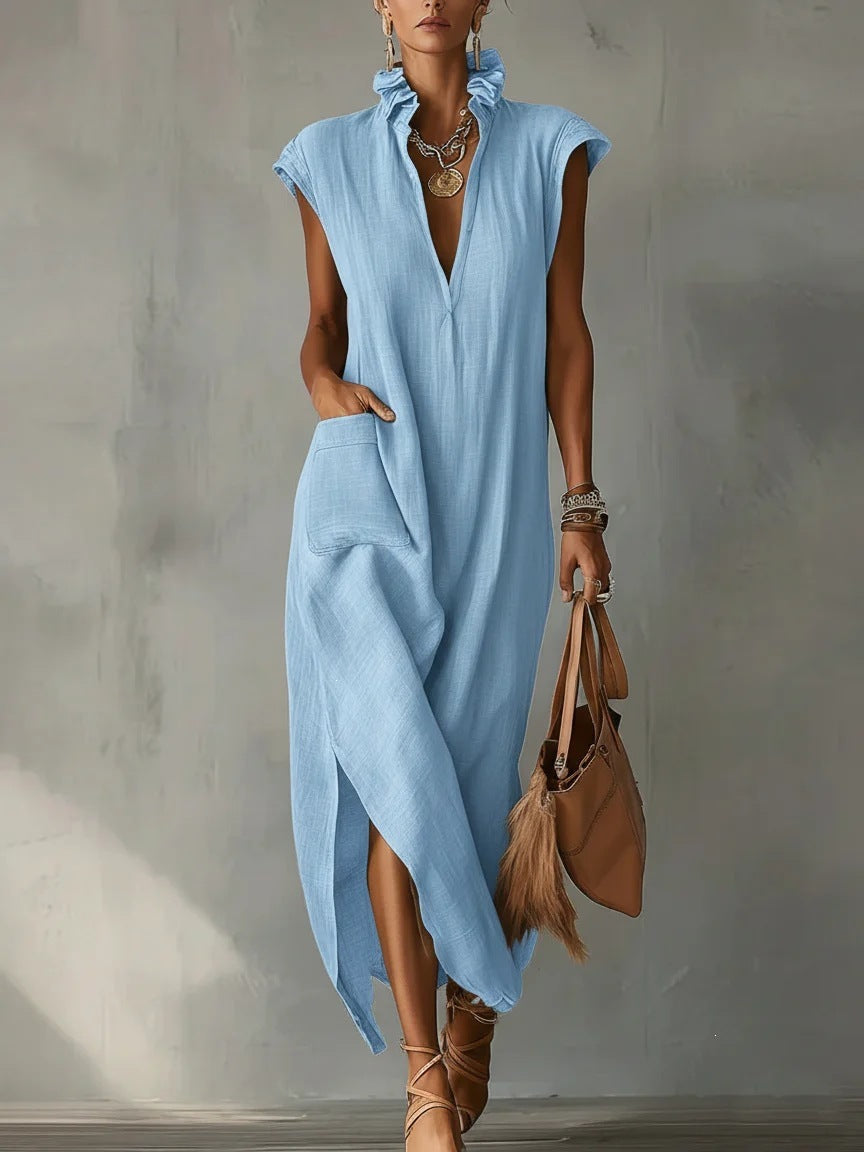 Women's Maxi Dress V Neck Loose Fit Sleeveless Ruffle Casual Summer Beach Dress - Seldom Seen Styles