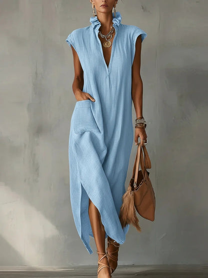 Women's Maxi Dress V Neck Loose Fit Sleeveless Ruffle Casual Summer Beach Dress