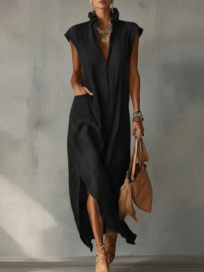 Women's Maxi Dress V Neck Loose Fit Sleeveless Ruffle Casual Summer Beach Dress