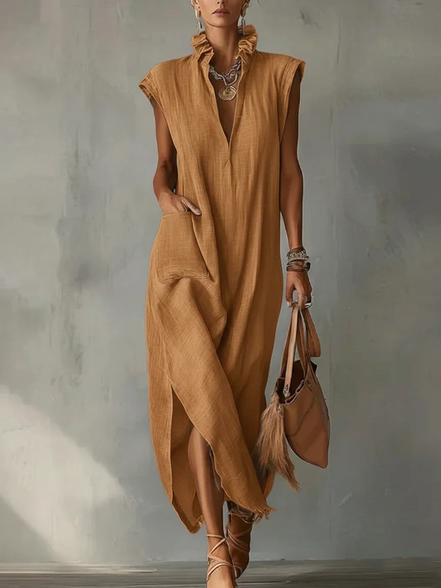 Women's Maxi Dress V Neck Loose Fit Sleeveless Ruffle Casual Summer Beach Dress - Seldom Seen Styles