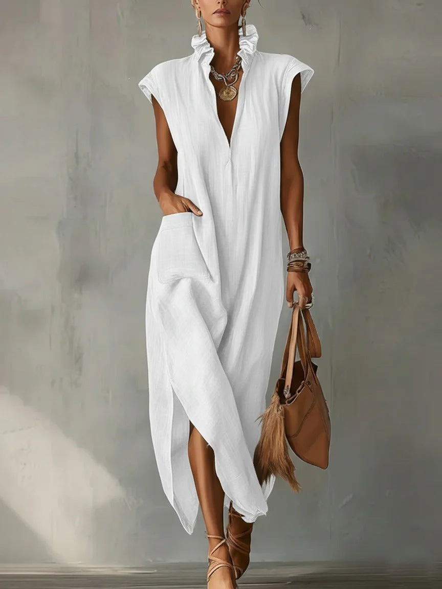 Women's Maxi Dress V Neck Loose Fit Sleeveless Ruffle Casual Summer Beach Dress - Seldom Seen Styles