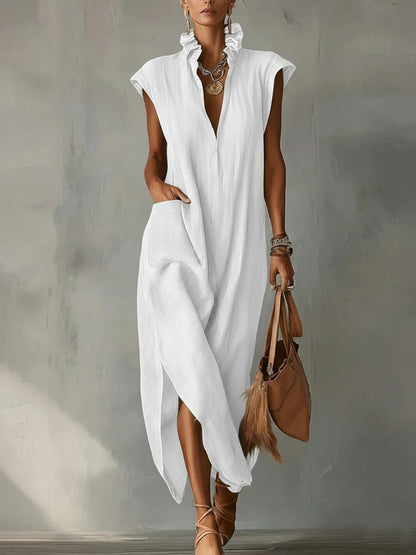Women's Maxi Dress V Neck Loose Fit Sleeveless Ruffle Casual Summer Beach Dress