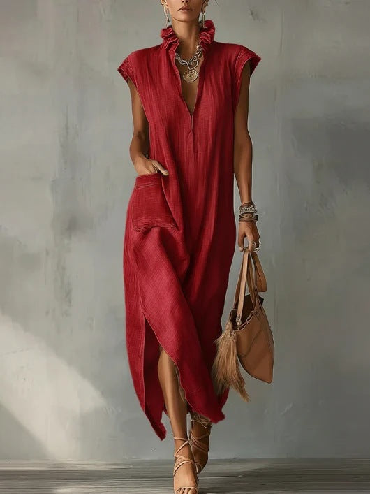 Women's Maxi Dress V Neck Loose Fit Sleeveless Ruffle Casual Summer Beach Dress - Seldom Seen Styles