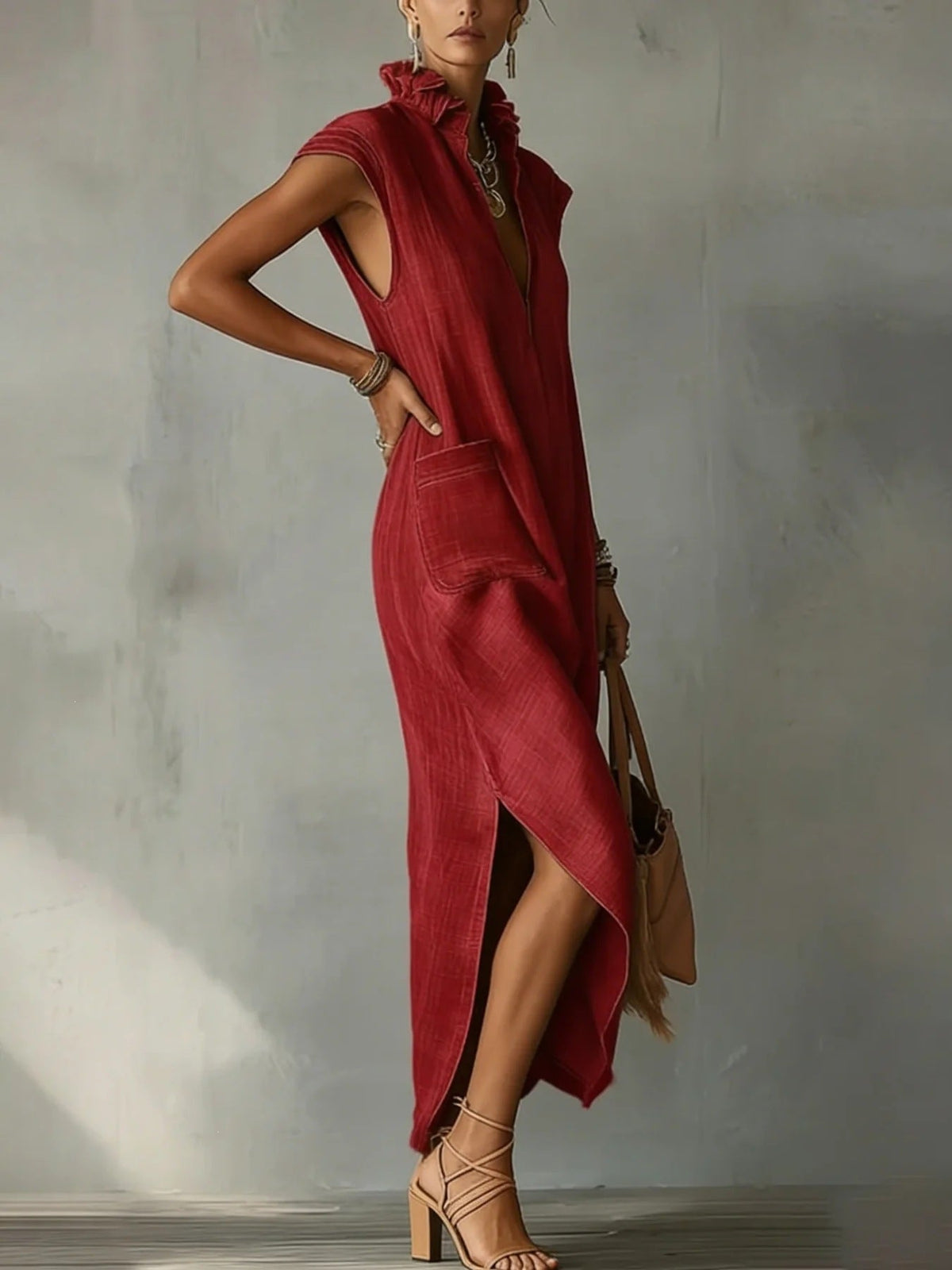 Women's Maxi Dress V Neck Loose Fit Sleeveless Ruffle Casual Summer Beach Dress - Seldom Seen Styles