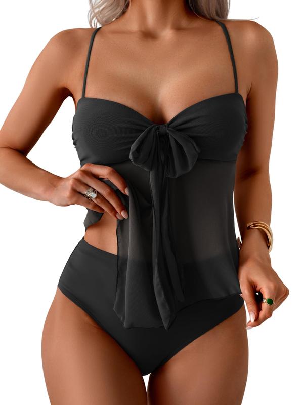 Women's Mesh Bow Bikini Set Tummy Control Ruched Two Piece Swimsuit Beach Vacation Summer - Seldom Seen Styles