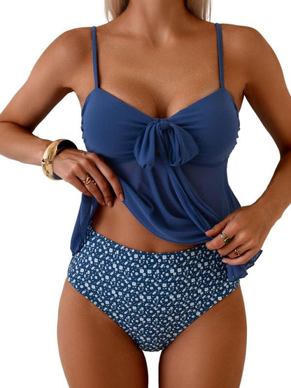 Women's Mesh Bow Bikini Set Tummy Control Ruched Two Piece Swimsuit Beach Vacation Summer