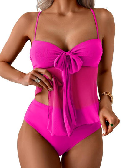 Women's Mesh Bow Bikini Set Tummy Control Ruched Two Piece Swimsuit Beach Vacation Summer