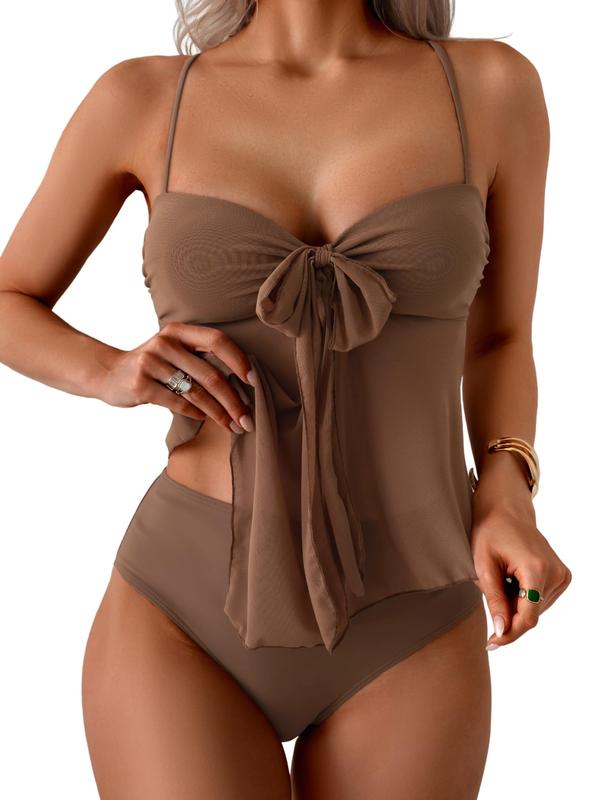 Women's Mesh Bow Bikini Set Tummy Control Ruched Two Piece Swimsuit Beach Vacation Summer - Seldom Seen Styles