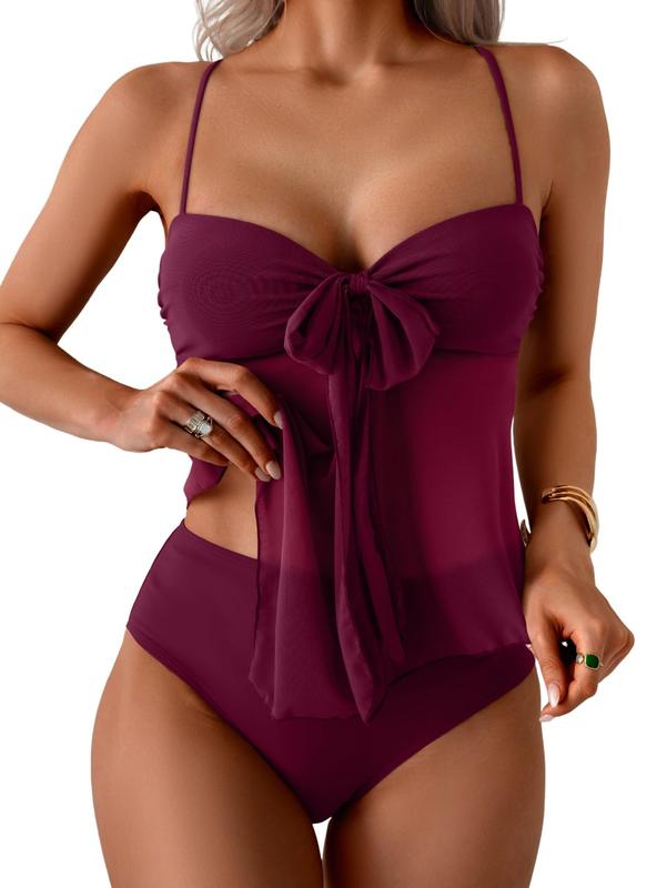 Women's Mesh Bow Bikini Set Tummy Control Ruched Two Piece Swimsuit Beach Vacation Summer - Seldom Seen Styles