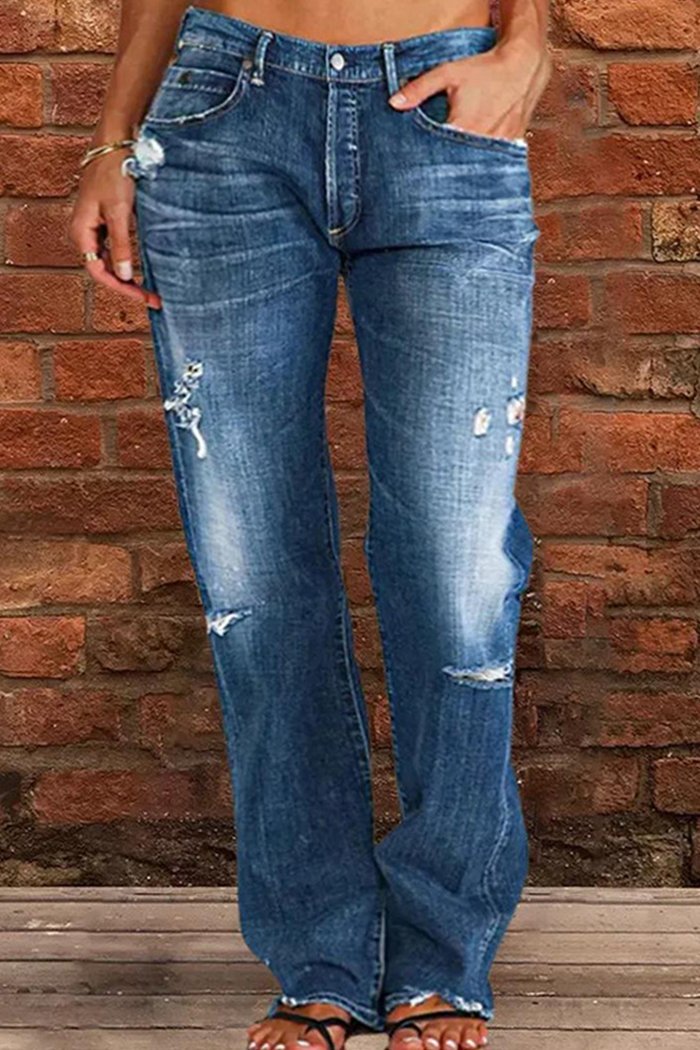 Women's Mid-rise Ripped Casual Straight Pants - Seldom Seen Styles