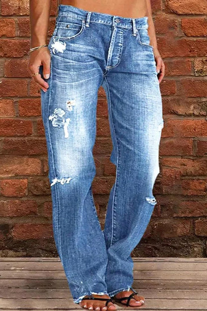 Pantalon droit décontracté déchiré taille mi-haute pour femme
